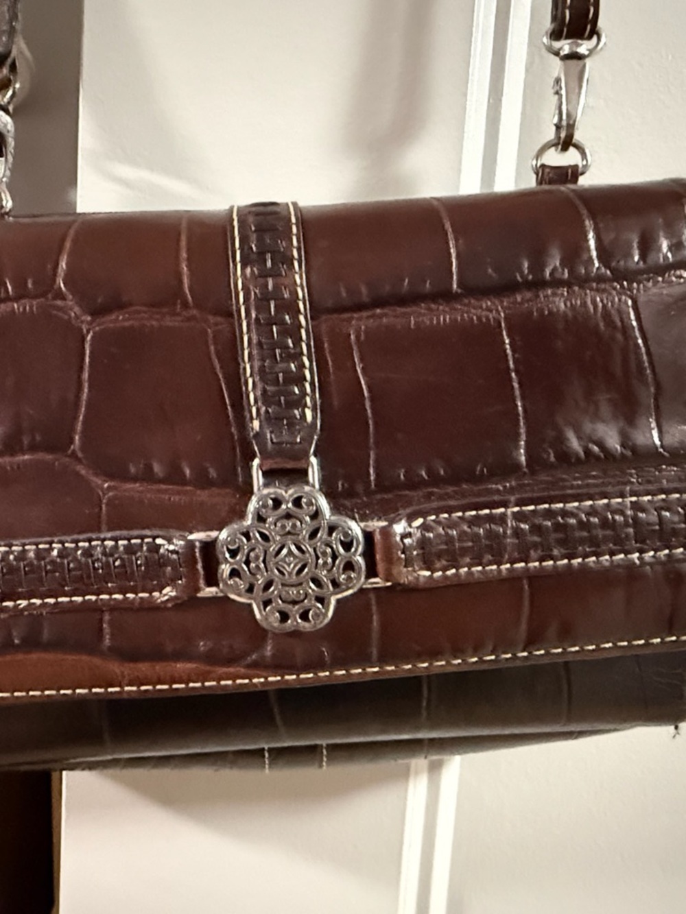 Brighton Brown Croc-Embossed Organizer Shoulder Bag with Silver Medallion